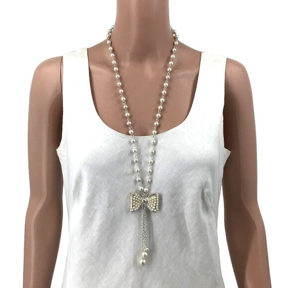 Faux Pearl Necklace Bow Tassel Pendant 30 Inch Length - Picture 1 of 2